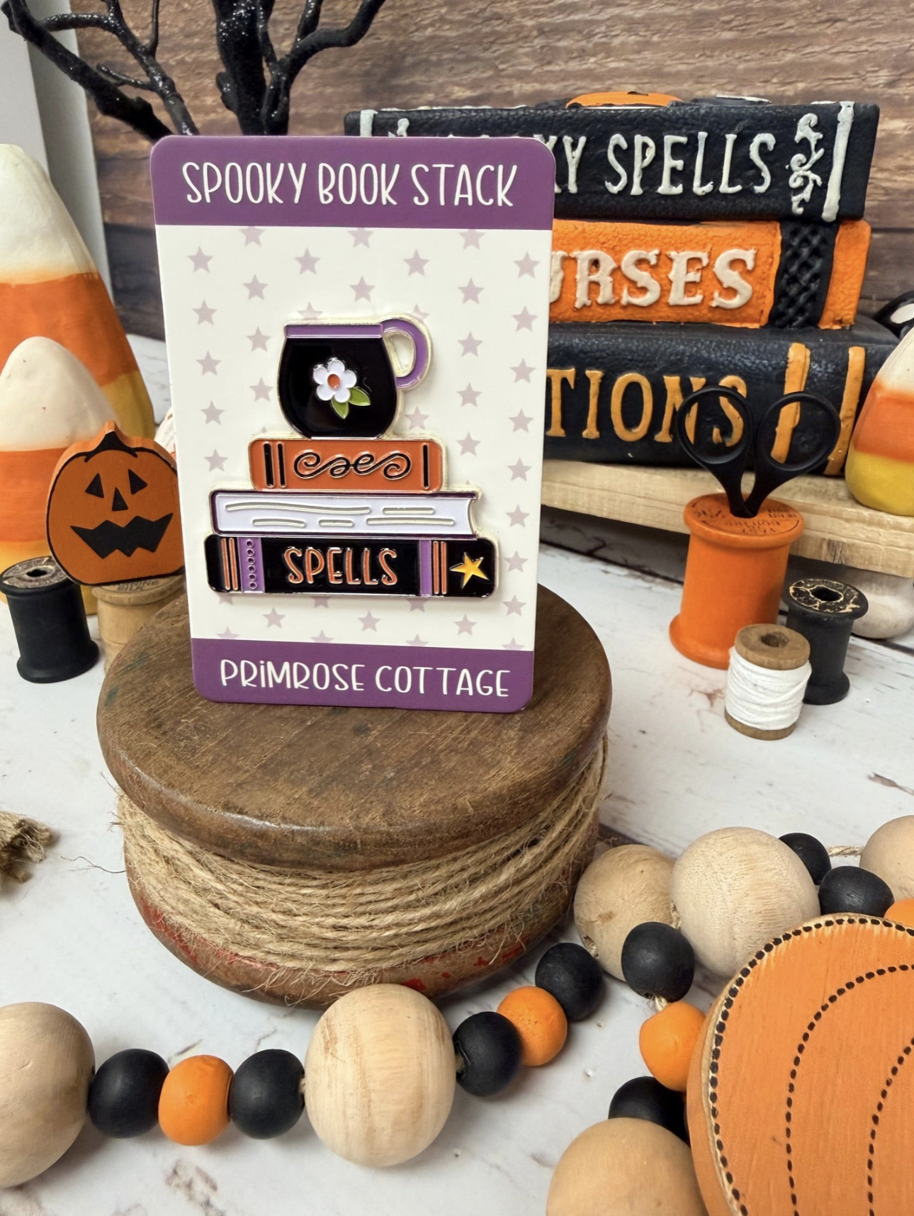 Spooky Book Stack Needle Minder | Primrose Cottage Stitches